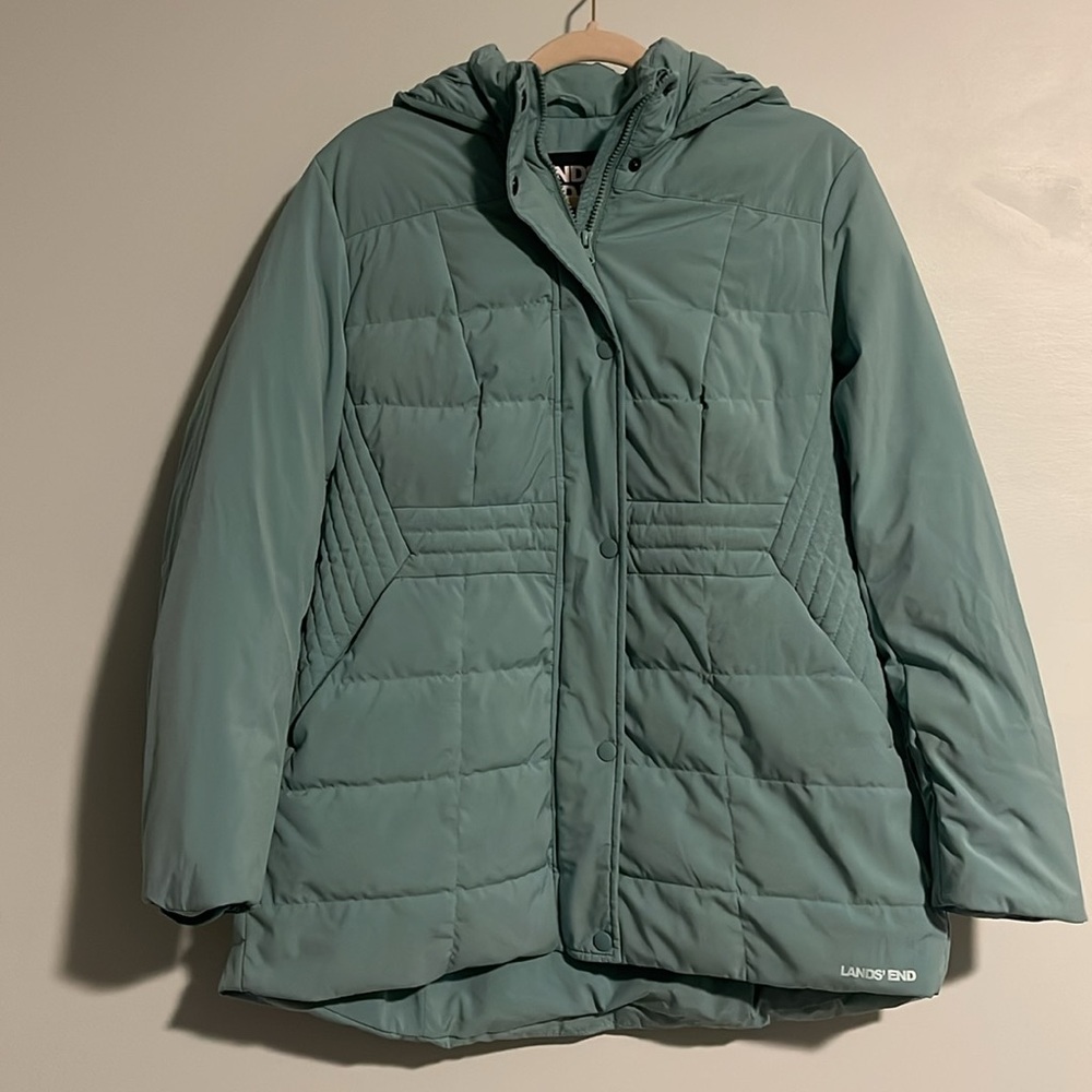 Lands’ End Down Filled Green Puffer Jacket Women’s Medium Petite (10/12) Hood - Picture 2 of 11